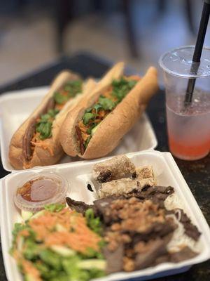 Pork Bahn Mi, Combination Bahn Mi and a Beef vermicelli roll. Lemonade with the strawberry poppers.