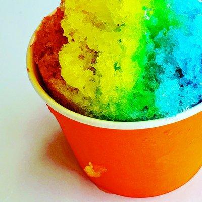 Medium rainbow shaved ice. Cherry,  pineapple, and blueberry flavors