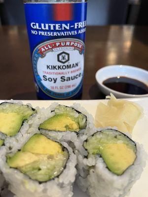 Gluten free soy sauce. Cucumber and avocado roll.