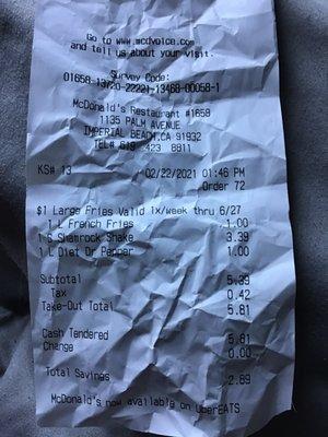 2.22.21 Receipt for Today's Efficient and delicious Drive Thru Order