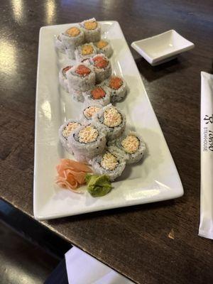 Snow crab roll, spicy crab roll, and spicy tuna roll - 3 for 14!