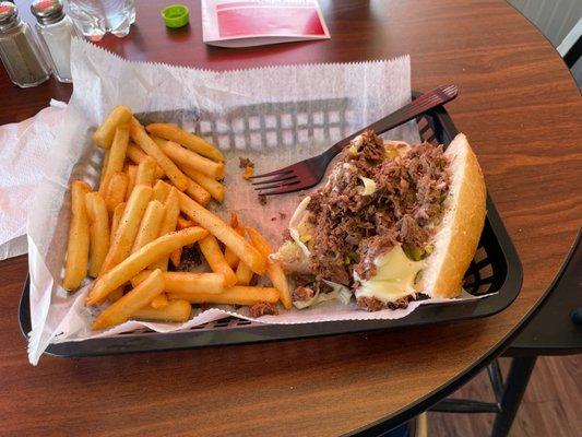 Simple steak and cheese with fresh fries. Winner!