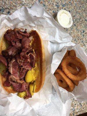 Pastrami and onion rings.