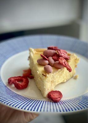 Homemade cheesecake with dried strawberries and strawberry almond from Trader Joe's