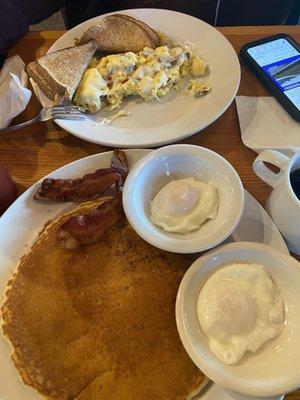 Shore Mess (stuffed omelet) and Pancake platter