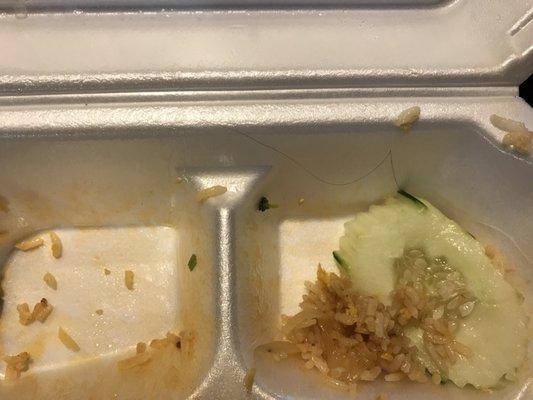 Found hair in food. Unfortunately, we had eaten 90% of it. Not sure if it was in the rice or in the to go plate the rice is packed in.