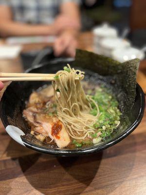 Black garlic Tonkotsu with thin noodles - tasty!