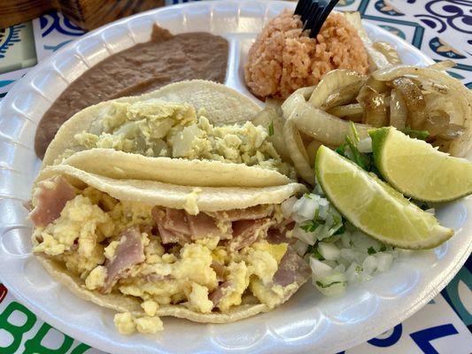 3 tacos plate with rice and beans