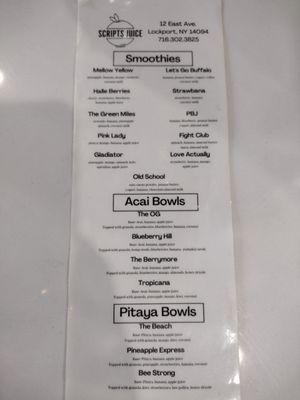 Smoothie and acai/pitaya bowl menu