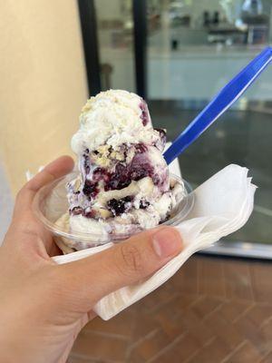 A generously scooped SMALL blueberry cobbler.