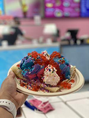 Build your own Crepe with cotton candy ice cream, popping boba, whip cream and sprinkles.