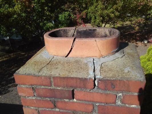 Cracked flue tile, crown and chase