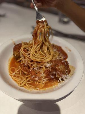 Chil size spaghetti and meatballs.