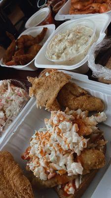 Whiting Entree, coleslaw, potato salad, fried shrimp, Steamed Shrimp, seafood salad