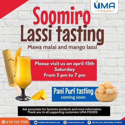 Join us on April 15th for a delicious tasting at #UMAFoods! We'll be offering tastes of our Soomiro Lassi and Mawa Malai