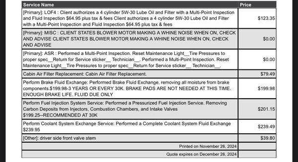 my estimates that does not include a sensor they knew they would have to break to fix my valve stem