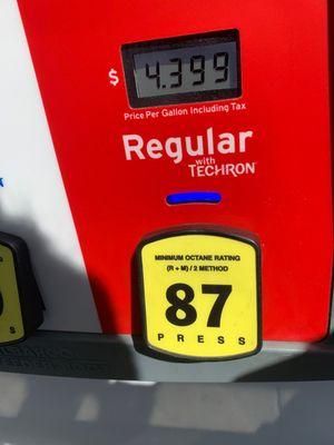 $4.40 per gallon 87 octane cash or Chevron card otherwise another $.10 per gallon July 1, 2021