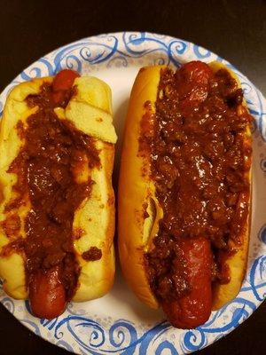 Regular chili cheese and a red-hot with chili and cheese.