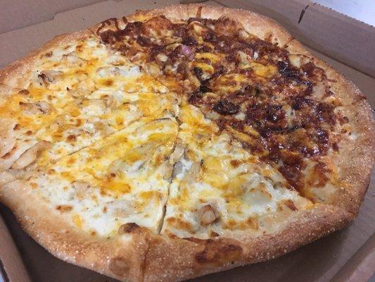 1/2 BBQ chicken pizza  1/2 Chicken cheddar Alfredo