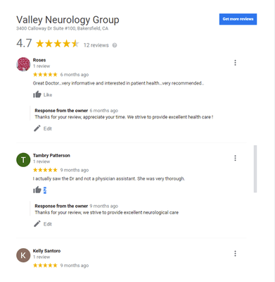 GOOGLE REVIEWS OF VALLEY NEUROLOGY GROUP-3