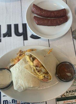 Breakfast burrito and elk sausage