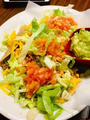 Two bean chalupas, beef taco, guacamole.