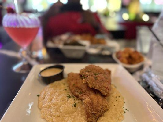 Louisiana Catfish & Grits, forget me not drink (did not skimp on the liquor ), potatoes, collards.