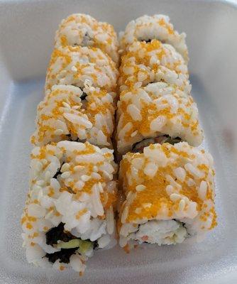 Small limited filling 'Golden California', inconsistently rolled rice and masago with thick and chewy seaweed that fell apart.