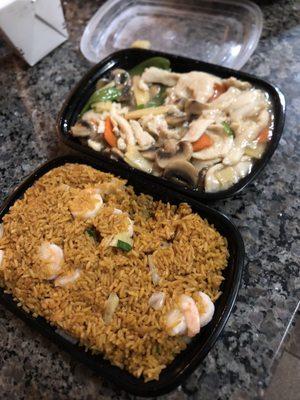 v shrimp fried rice ^ moo goo gai pan