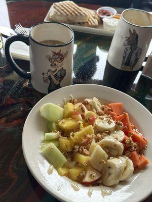 Sunny Fruit Bowl & Santa Fe Burrito with coffees