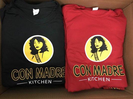 Con Madre Kitchen asked us to vectorize an old, pixelated logo and bring it to life. Three color print on 100% Poly performance shirts!