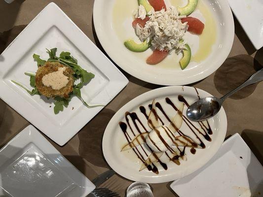 Appetizers: Burrata on pear with balsamic. Crab cake and crab salad with avocado