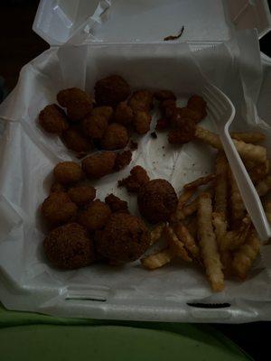 Shrimp, fries and hush puppies.. it also comes with coleslaw all for $10