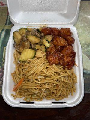 Chow mein, top left is mushroom chicken, right is orange shrimp.