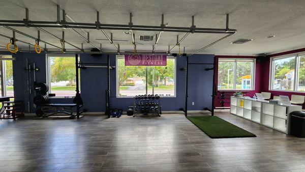 Monkey bars and functional Olympic racks for lots of exercise variety.