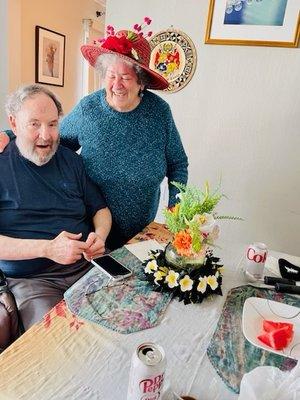 Alan and I celebrating our 40th wedding anniversary in his apartment at The Point.  The hat was a gift from his caretaker.  September 2022