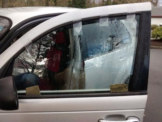 Window wouldn't go back up. Temporary repair was 3 pieces of cardboard for $90. When window fell a week later, Rod's used packing tape.