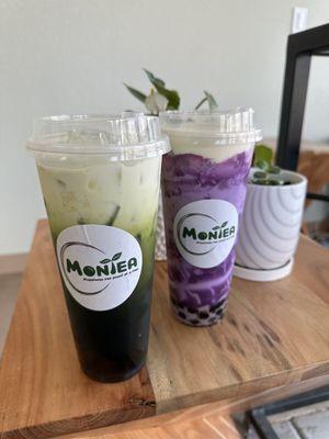 Green thai tea with boba and taro milk tea with cheese cream and boba