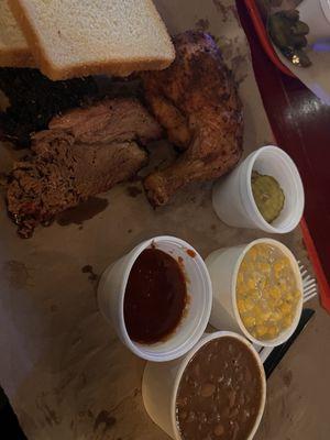 Two 2 Meat Dinner. Chicken, brisket, Cream Corn, Pinto Beans