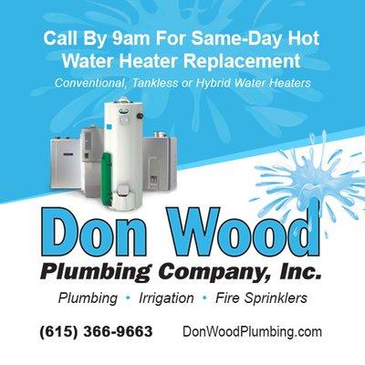 Call by 9a for SAME DAY Hot Water Heater Replacement