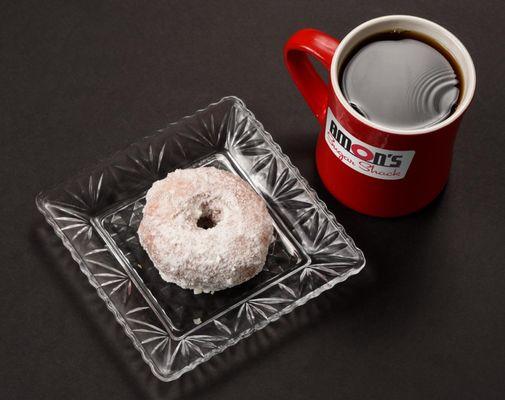 Powdered donut with locally roasted Baxter's coffee.