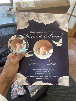 Obituary and buttons. I designed them and their team printed