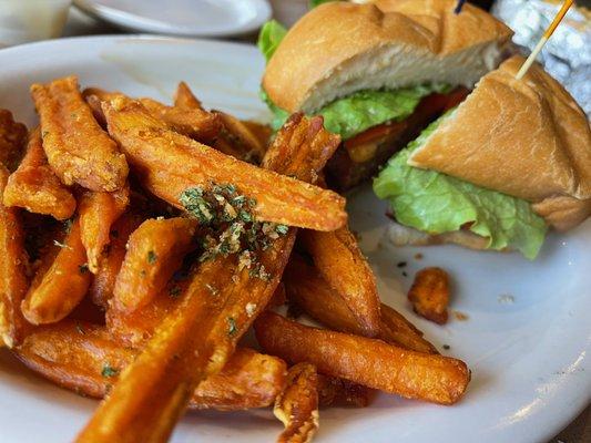 Hamburger with sweet potato fries.