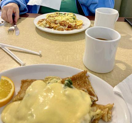 Breakfast crepe and spinach/bacon/cheddar scramble with coffee at the Hot Skillet in Paw Paw, MI