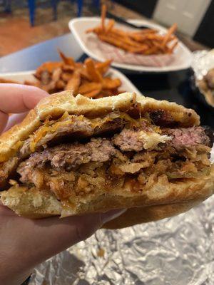 A view of the layers of goodness. Look at that pork belly in the Belly Up burger!!!