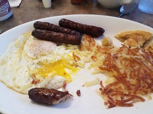 Eggs and Hash Browns. Yummy Sausage.