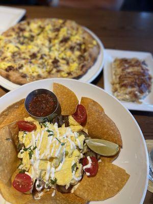 Breakfast burrito, minus the tortilla. Gluten free breakfast pizza and a side of hashbrowns