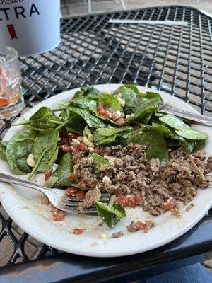 I ordered a spinach salad with red peppers and steak -- yes, that's steak, and no, those aren't red peppers.