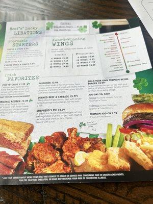 St Patty's Day menu