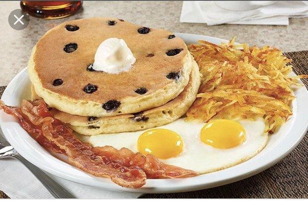 Blueberry pancakes to Sunnyside eggs bacon and Real homemade hashbrowns